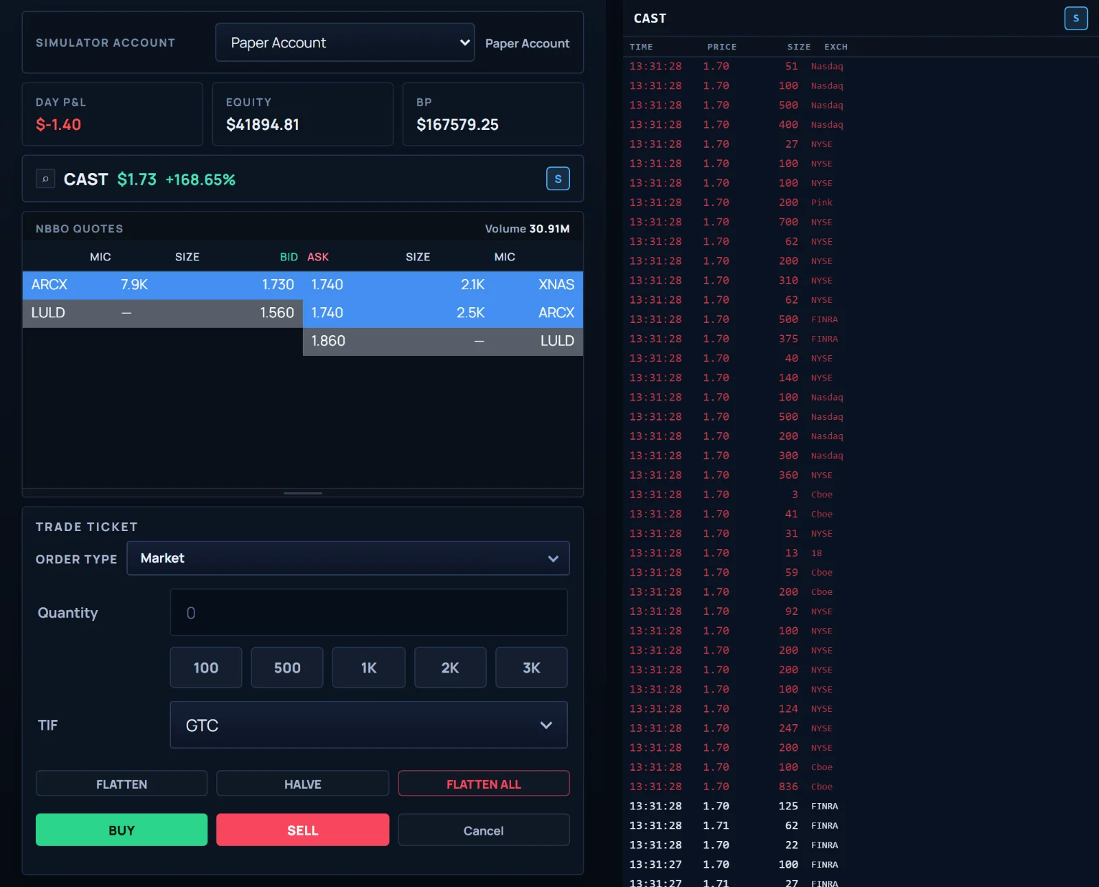 Simulator order entry with live NBBO quote ladder beside real-time time and sales