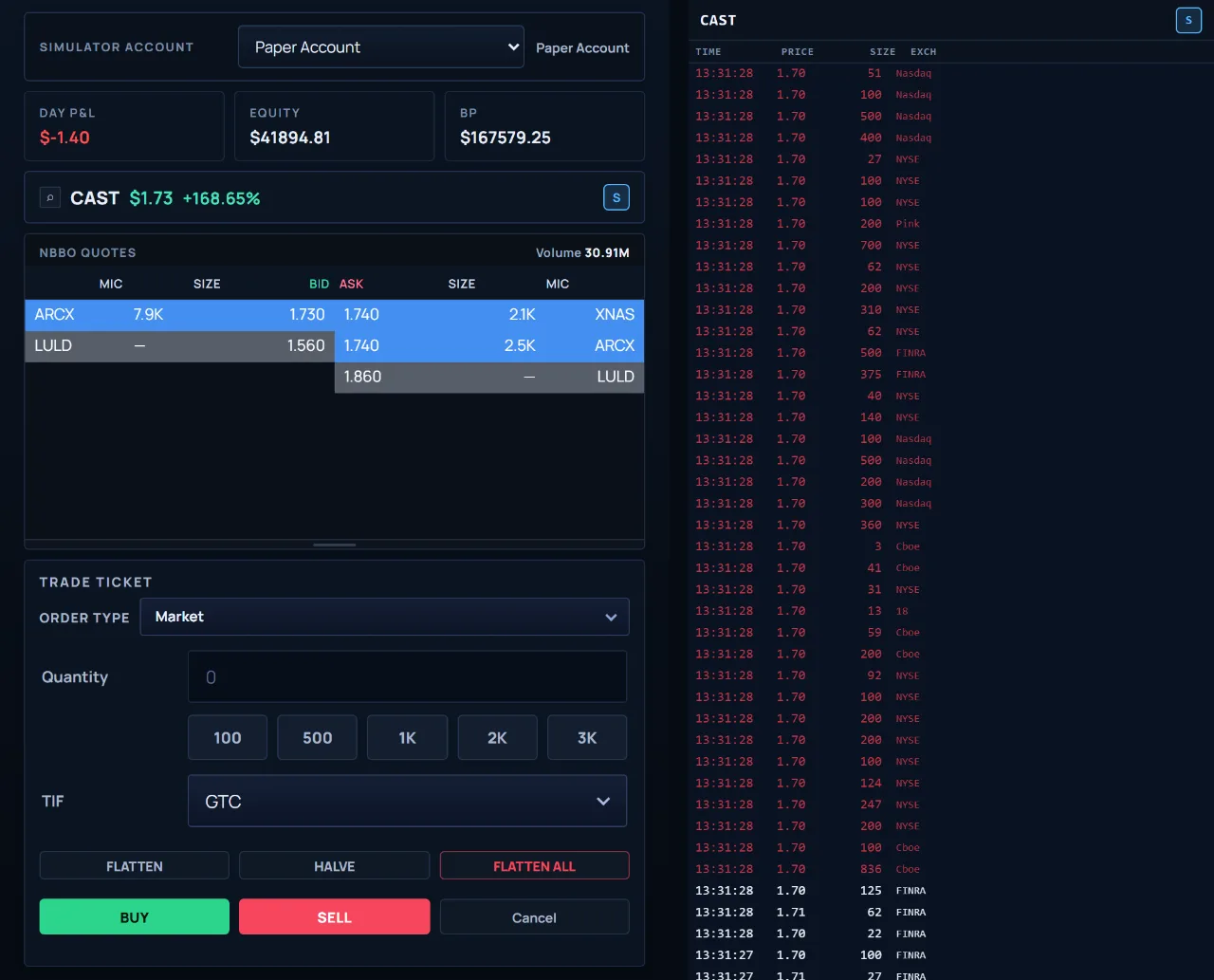 Simulator order entry with live NBBO ladder beside real-time time and sales
