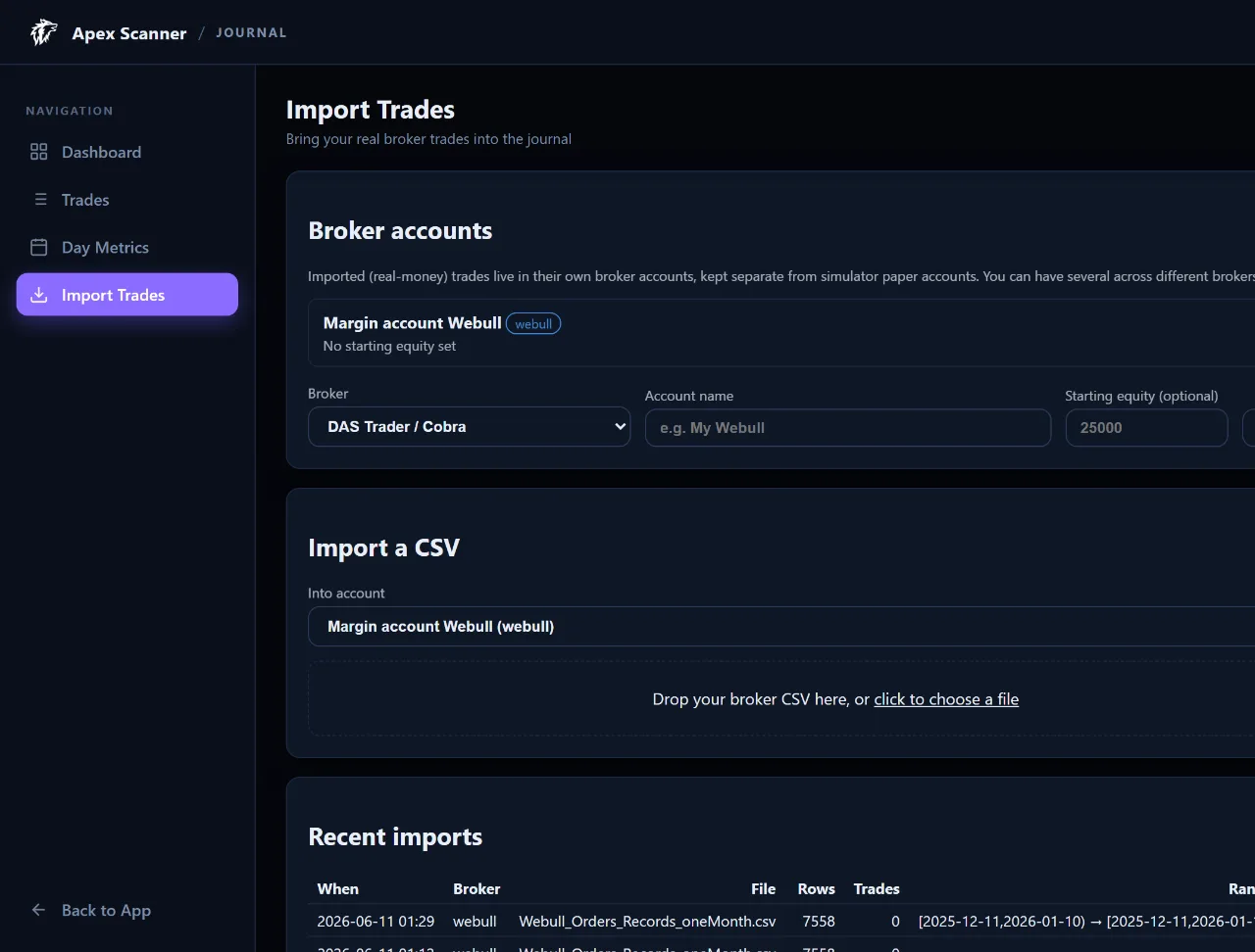 Broker import picker listing supported broker CSV parsers