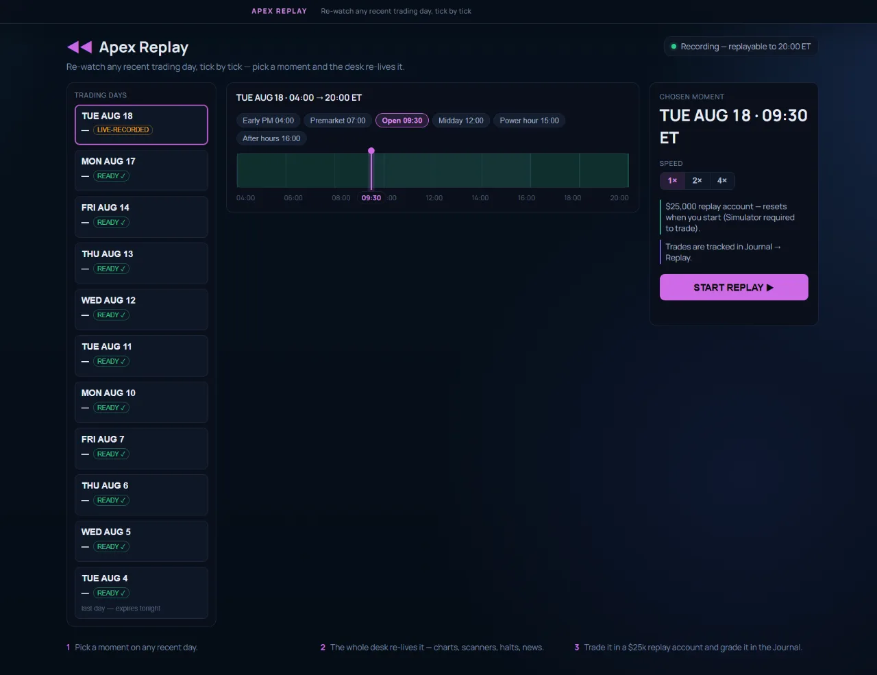 Apex Replay day picker with the trading-day rail and a draggable session timeline