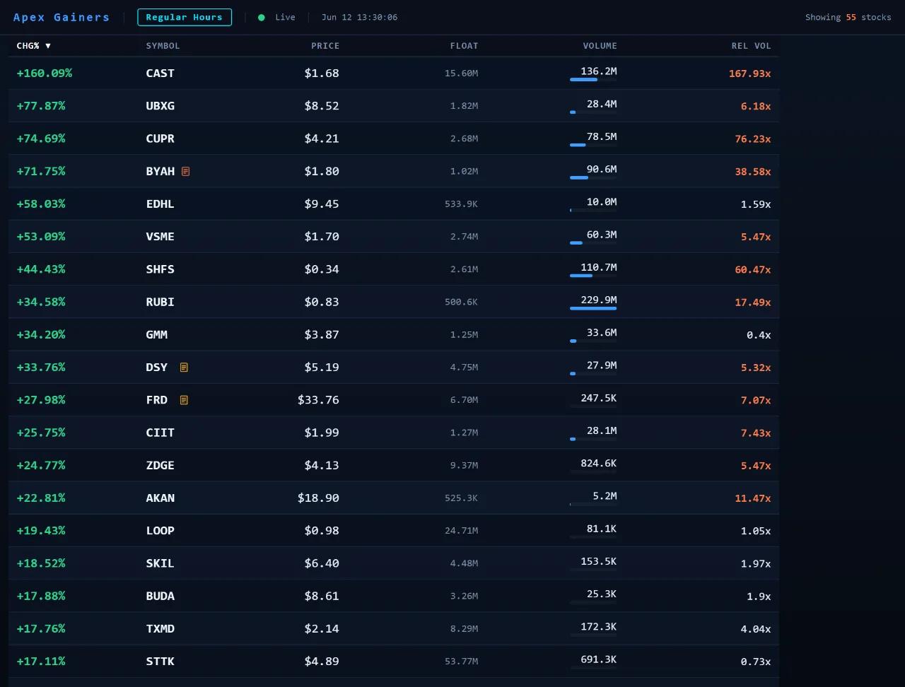 Top Gainers panel ranking the strongest stocks of the session