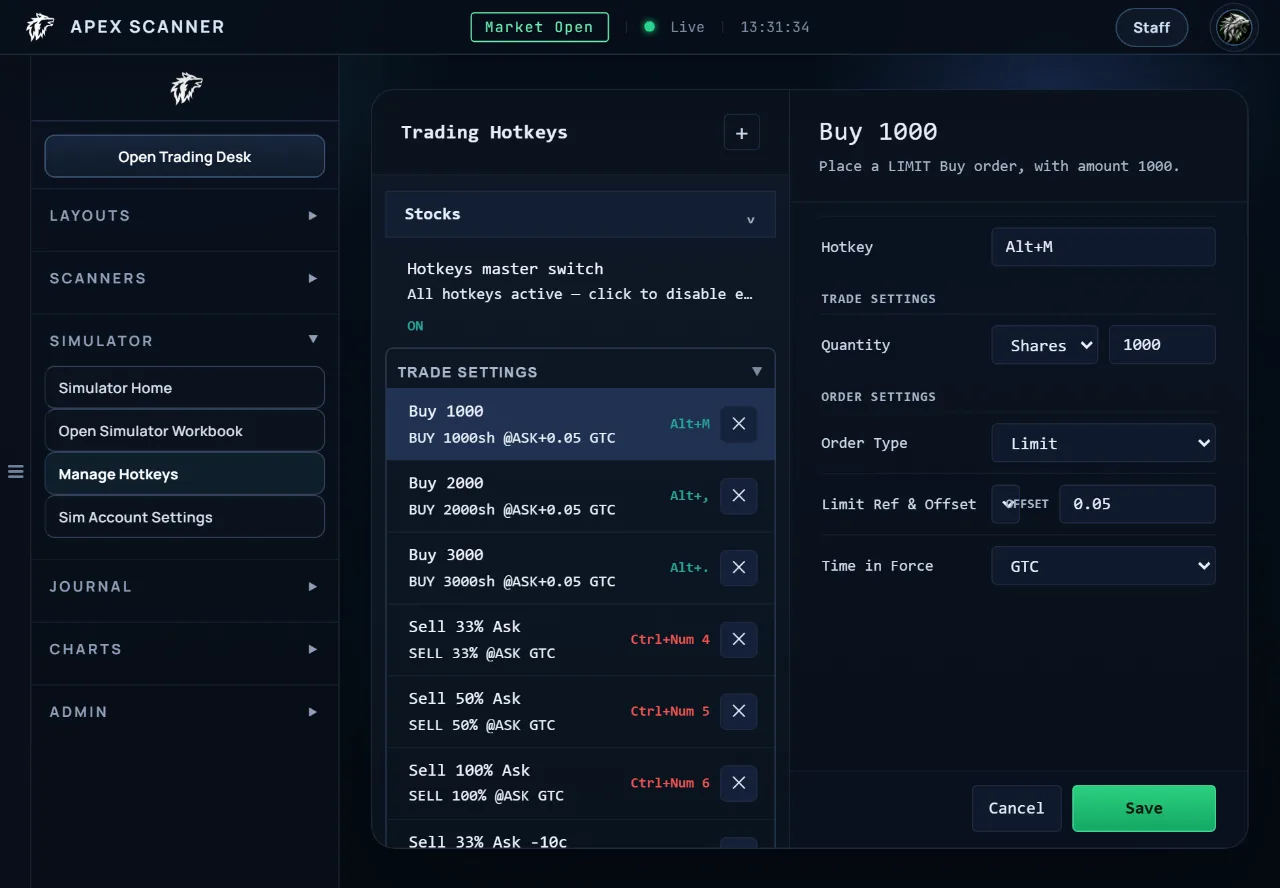 Hotkeys page with configurable trading key bindings