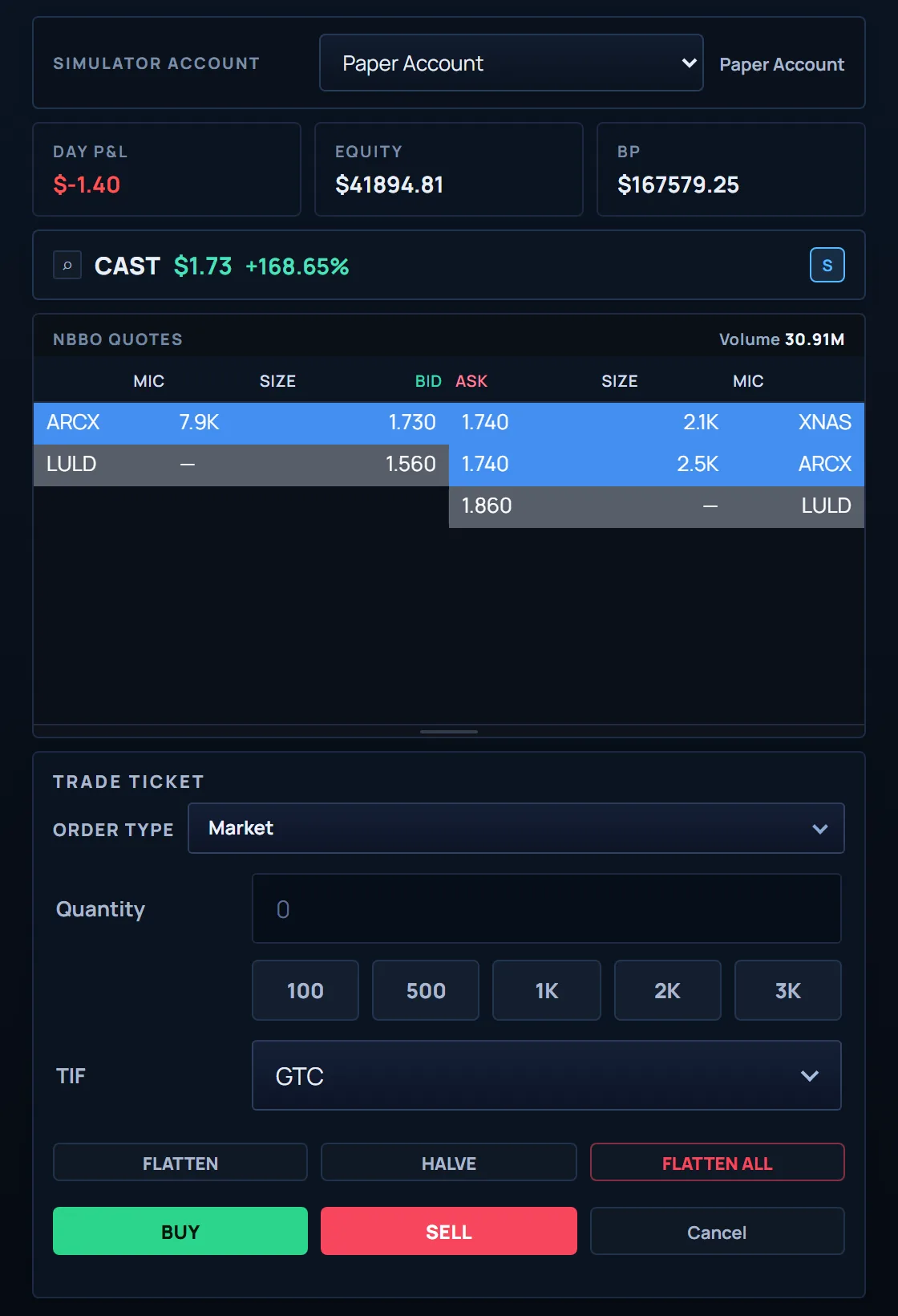 Simulator order entry ticket with live account state