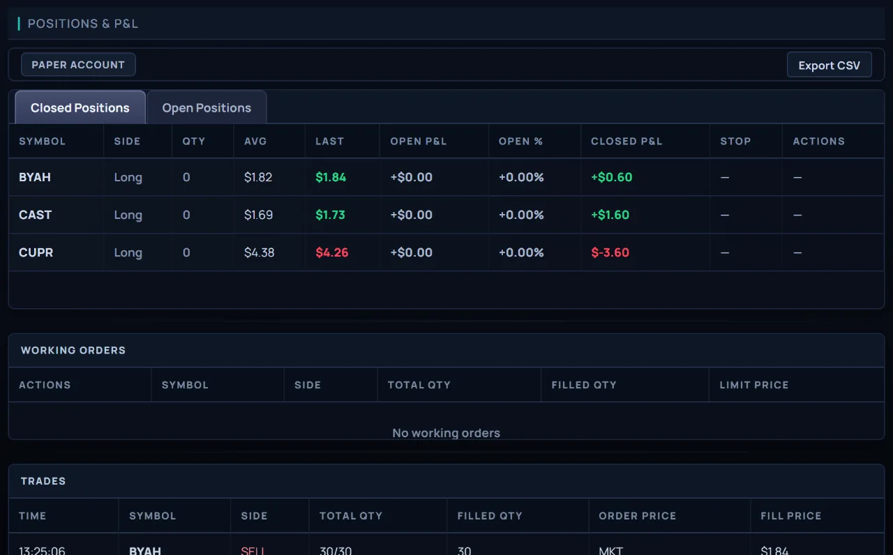 Positions panel with live profit and loss
